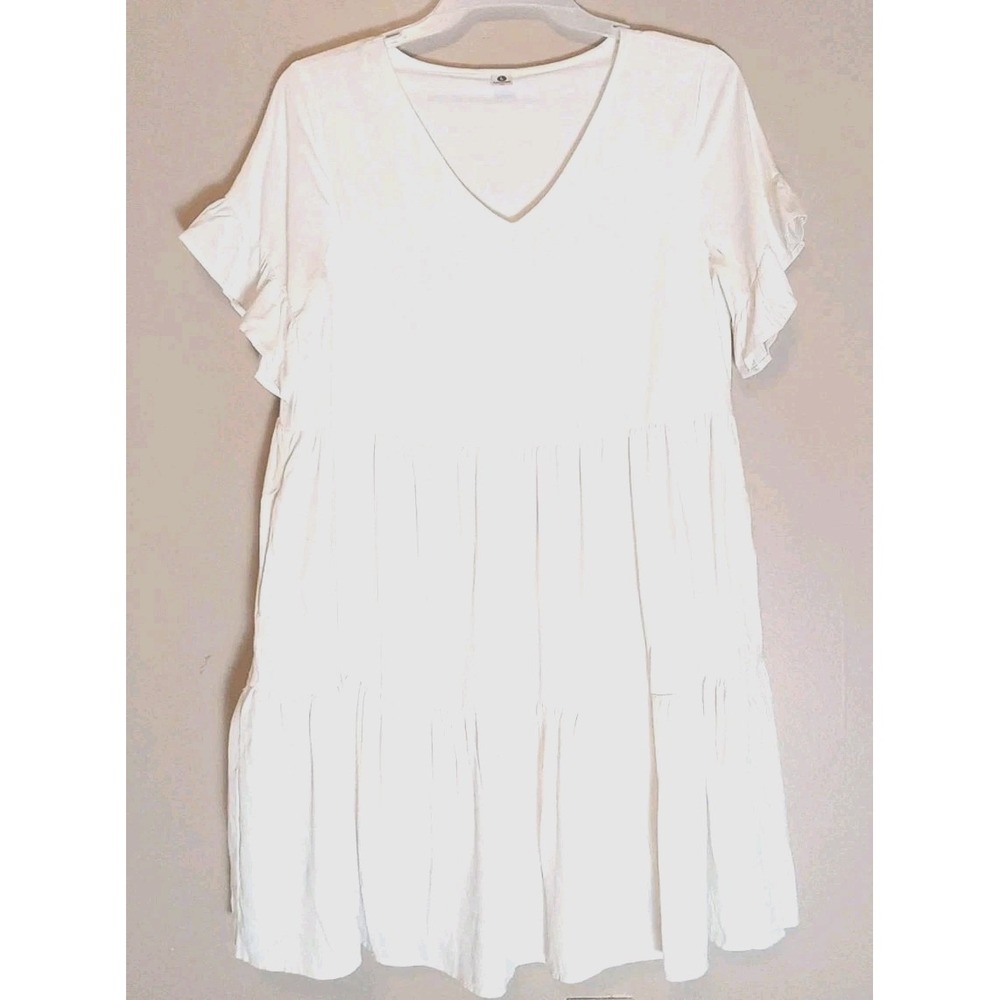 Logene Women White Tiered V Neck Ruffle Sleeve Lined Dress Size M